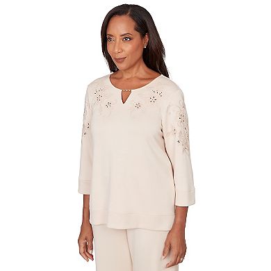 Women's Alfred Dunner Floral Embroidered Beaded Splitneck Top