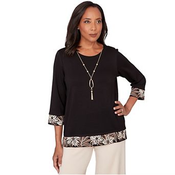 Women's Alfred Dunner Bold Floral Border Trim Top with Necklace
