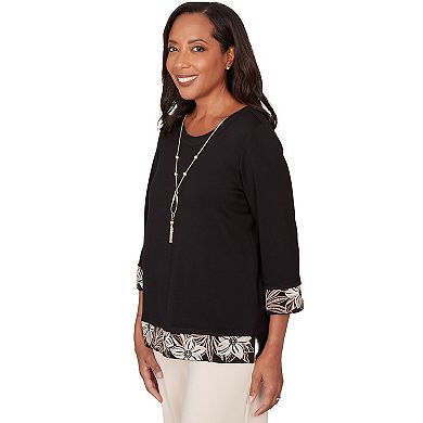Women's Alfred Dunner Bold Floral Border Trim Top with Necklace
