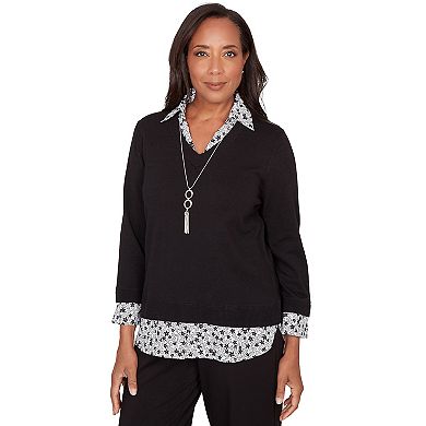 Women's Alfred Dunner Print Woven Two-in-One Sweater with Necklace
