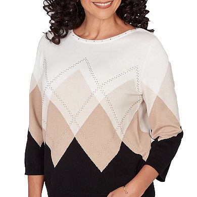 Women's Alfred Dunner Argyle Ribbed Jewelneck Sweater