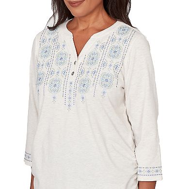 Women's Alfred Dunner Medallion Embroidered Ruched Henley Top