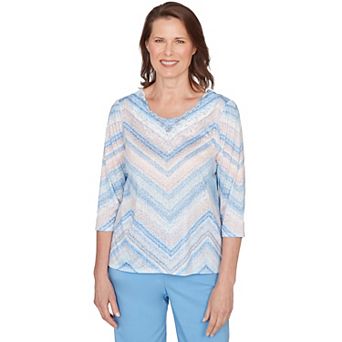 Women's Alfred Dunner Chevron Print Lace Trim Crew Neck Top