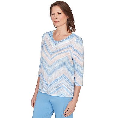 Women's Alfred Dunner Chevron Print Lace Trim Crew Neck Top