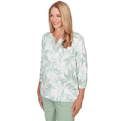 Women's Alfred Dunner Monotone Leaf Print Split-Neck Top