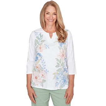 Women's Alfred Dunner Blooming Floral Embroidered Split-Neck Long Sleeve Top