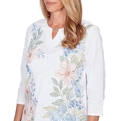 Women's Alfred Dunner Blooming Floral Embroidered Split-Neck Long Sleeve Top
