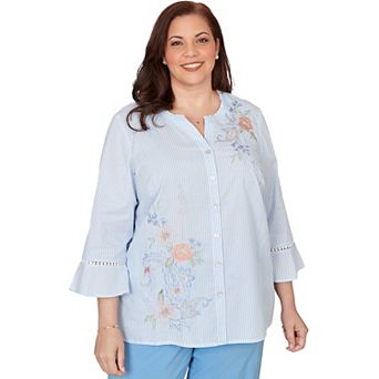 Plus Size Alfred Dunner Striped Floral Embroidered Button-Down Top