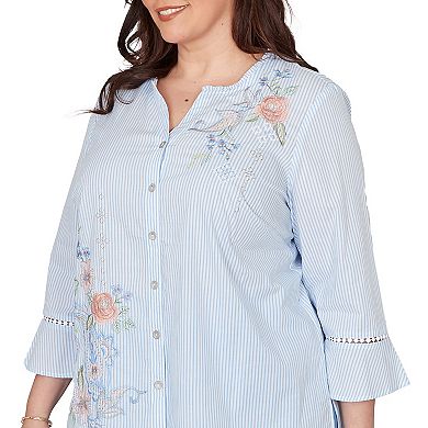 Plus Size Alfred Dunner Striped Floral Embroidered Button-Down Top