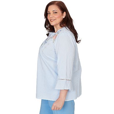Plus Size Alfred Dunner Striped Floral Embroidered Button-Down Top