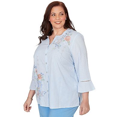 Plus Size Alfred Dunner Striped Floral Embroidered Button-Down Top