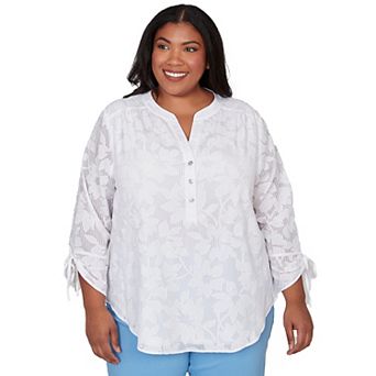Plus Size Alfred Dunner Floral Jacquard Tie Sleeve Henley Top