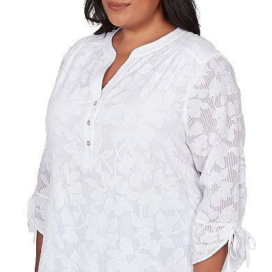 Plus Size Alfred Dunner Floral Jacquard Tie Sleeve Henley Top