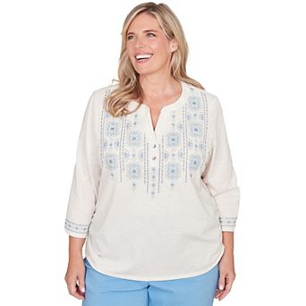 Plus Size Alfred Dunner Medallion Embroidered Ruched Henley Top