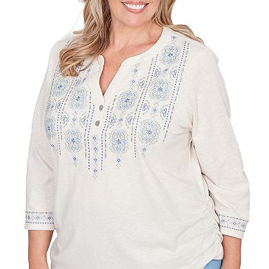 Plus Size Alfred Dunner Medallion Embroidered Ruched Henley Top