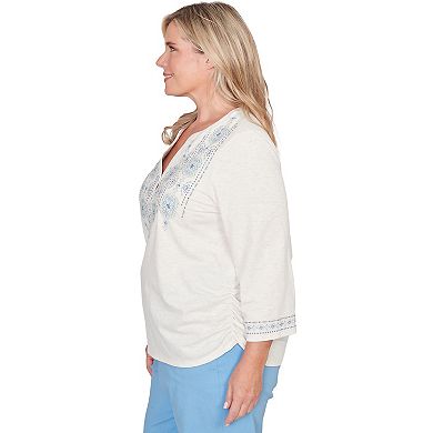 Plus Size Alfred Dunner Medallion Embroidered Ruched Henley Top