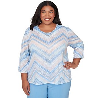 Plus Size Alfred Dunner Chevron Print Lace Trim Crew Neck Top