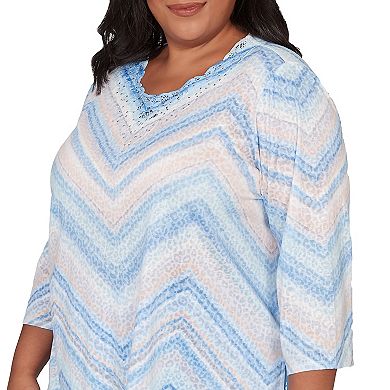 Plus Size Alfred Dunner Chevron Print Lace Trim Crew Neck Top