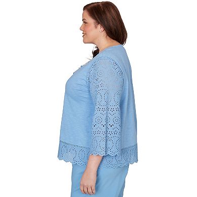 Plus Size Alfred Dunner Solid Eyelet Trim Top with Necklace