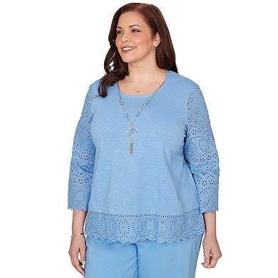 Plus Size Alfred Dunner Solid Eyelet Trim Top with Necklace