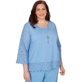 Plus Size Alfred Dunner Solid Eyelet Trim Top with Necklace