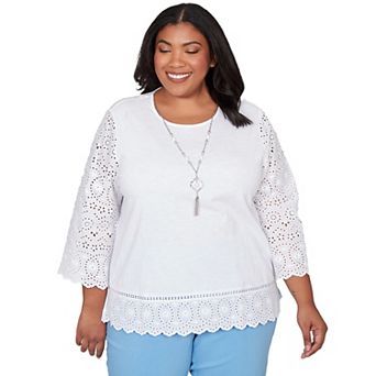 Plus Size Alfred Dunner Solid Eyelet Trim Top with Necklace