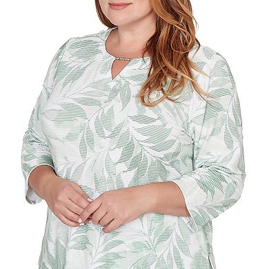 Plus Size Alfred Dunner Monotone Leaf Print Split Neck Top