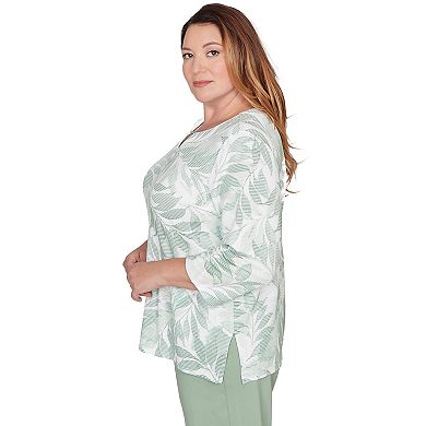 Plus Size Alfred Dunner Monotone Leaf Print Split Neck Top