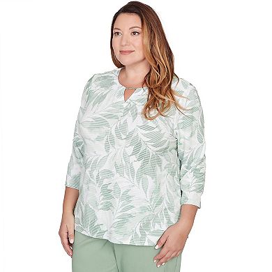Plus Size Alfred Dunner Monotone Leaf Print Split Neck Top