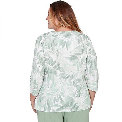 Plus Size Alfred Dunner Monotone Leaf Print Split Neck Top