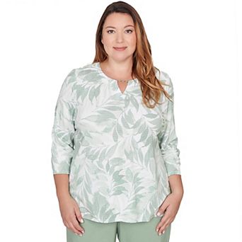 Plus Size Alfred Dunner Monotone Leaf Print Split Neck Top