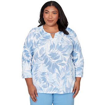 Plus Size Alfred Dunner Monotone Leaf Print Split Neck Top