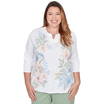 Plus Size Alfred Dunner Blooming Floral Embroidered Splitneck Top