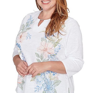 Plus Size Alfred Dunner Blooming Floral Embroidered Splitneck Top