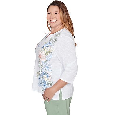 Plus Size Alfred Dunner Blooming Floral Embroidered Splitneck Top