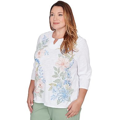 Plus Size Alfred Dunner Blooming Floral Embroidered Splitneck Top