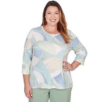 Plus Size Alfred Dunner Stained Glass Print Embellished Neck Top