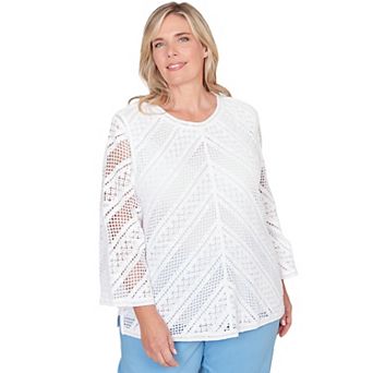 Plus Size Alfred Dunner Chevron Crochet Crew Neck Sweater