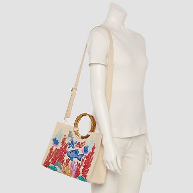 Sol and Mer Boxy Beaded Tote Bag with Round Bamboo Handles & Removable Crossbody Strap