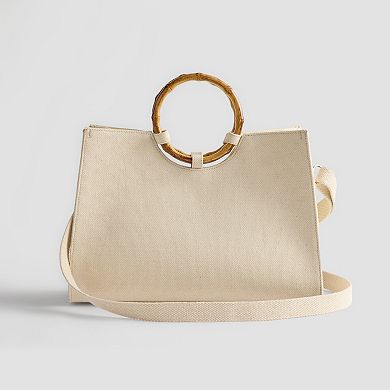 Sol and Mer Boxy Beaded Tote Bag with Round Bamboo Handles & Removable Crossbody Strap