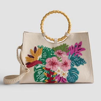 Sol and Mer Boxy Beaded Tote Bag with Round Bamboo Handles & Removable Crossbody Strap