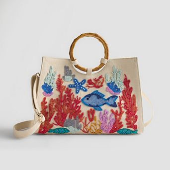 Sol and Mer Boxy Beaded Tote Bag with Round Bamboo Handles & Removable Crossbody Strap