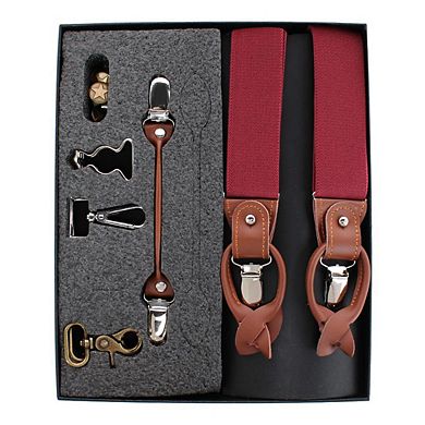 CTM Men's Elastic and Leather Suspender Gift Set with Clip Button and Swivel Ends