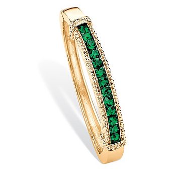 3.24 ct w. Round Pave Simulated Emerald Goldtone Bangle Bracelet 8"