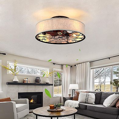 LOVMOR 20 Inch Caged Ceiling Fan Lights Remote Bladeless Farmhouse White 6 Speed