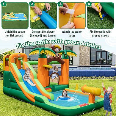 Costway Inflatable Water Slide Park Monkey Bounce House Splash Pool with 735W Blower