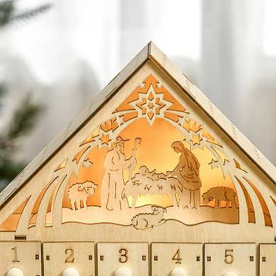 LOVMOR HOMCOM Light Up Manger Scene Christmas Advent Calendar Wooden