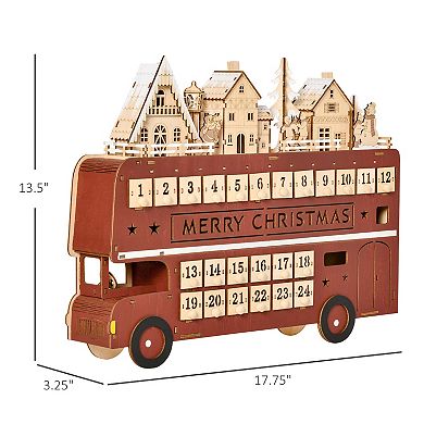 LOVMOR HOMCOM Light Up Wooden Bus Christmas Advent Calendar Countdown Drawer