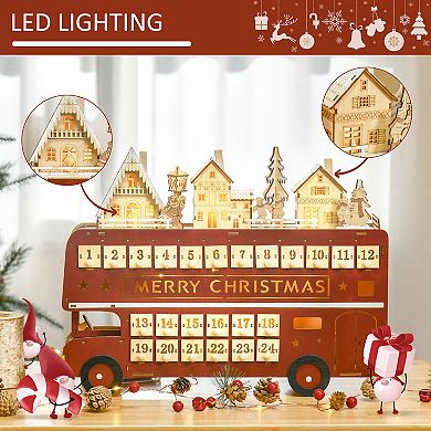 LOVMOR HOMCOM Light Up Wooden Bus Christmas Advent Calendar Countdown Drawer