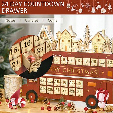 LOVMOR HOMCOM Light Up Wooden Bus Christmas Advent Calendar Countdown Drawer